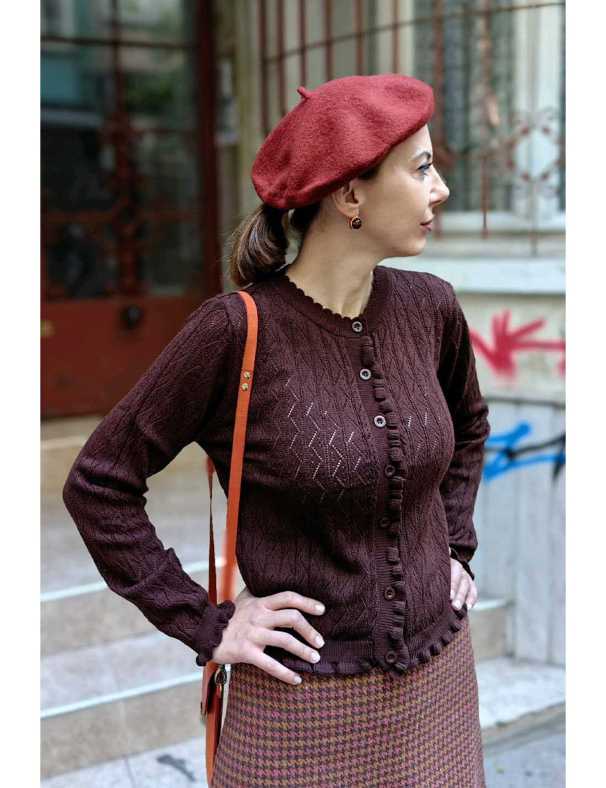 Kahverengi Ajurlu Örgü Hırka | Fırfır Detaylı Retro Slim Fit Hırka