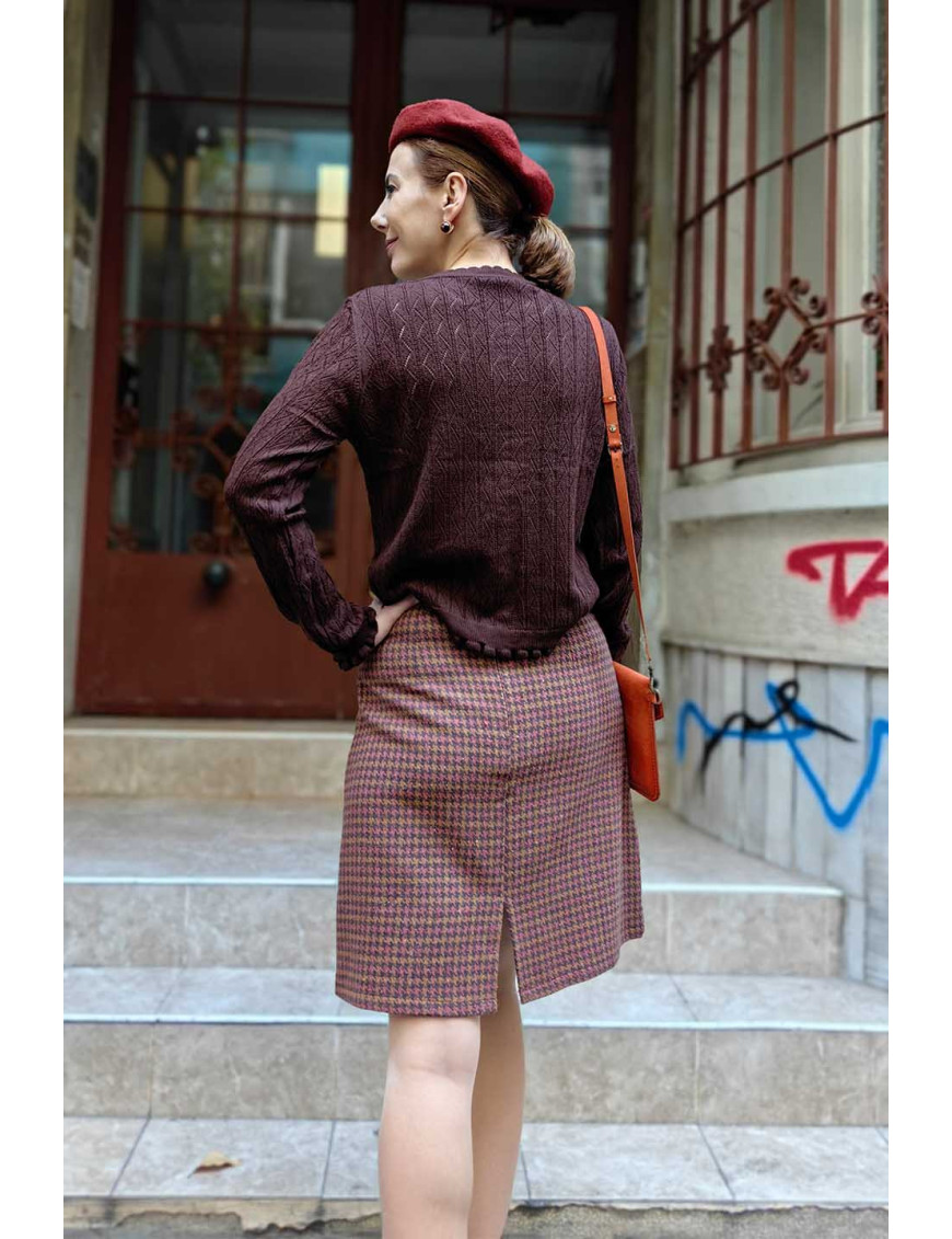 Kahverengi Ajurlu Örgü Hırka | Fırfır Detaylı Retro Slim Fit Hırka