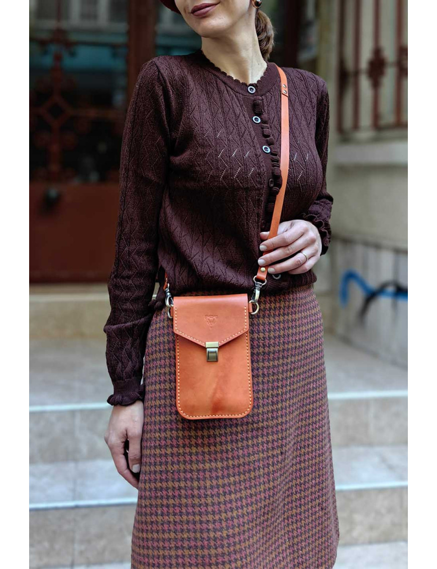 Oranj Deri Telefon Çantası | El Yapımı Mini Crossbody Kılıf