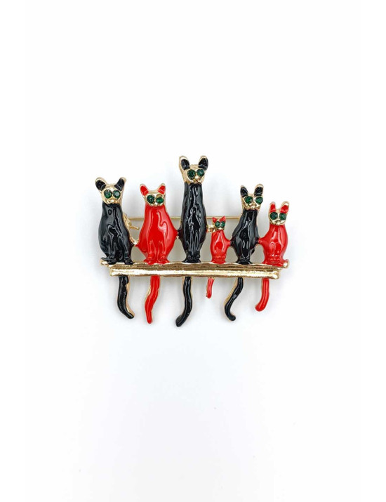 Kadın Mineli Kedi Ailesi Broş Modelleri | Siyah Kırmızı Kedi Figürlü Broş Satın Al