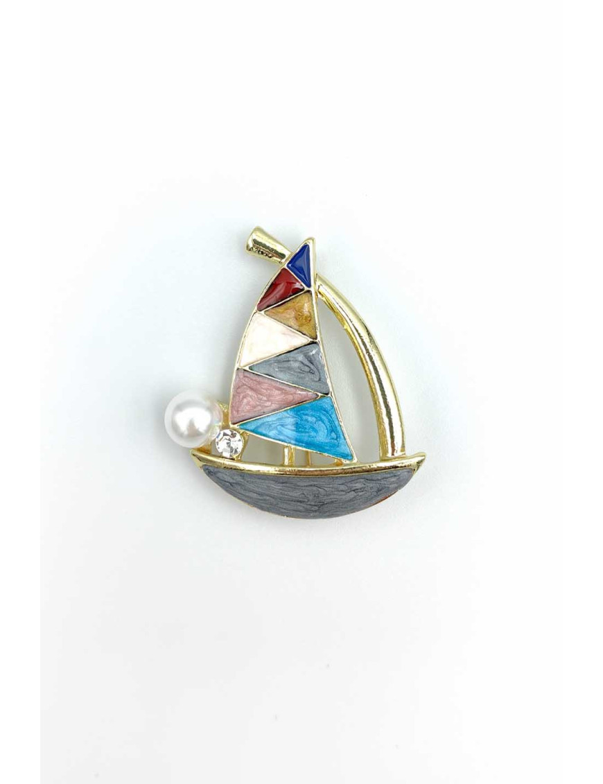 Rengarenk Mine Yelkenli Broş | İnci Detaylı Deniz Temalı Takı | [Craft and Boutique]