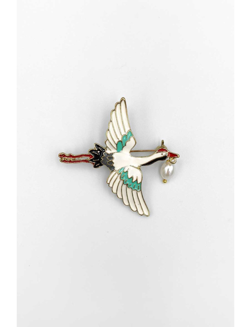 İnci Detaylı Emaye Turna Kuşu Broş - Şık Yaka İğnesi & Hediye Fikri | [Craft and Boutique]