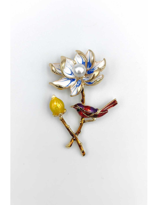 İnci Lotus Çiçeği ve Kuş Broş | Mine İşlemeli Asil Takı| [Craft and Boutique]