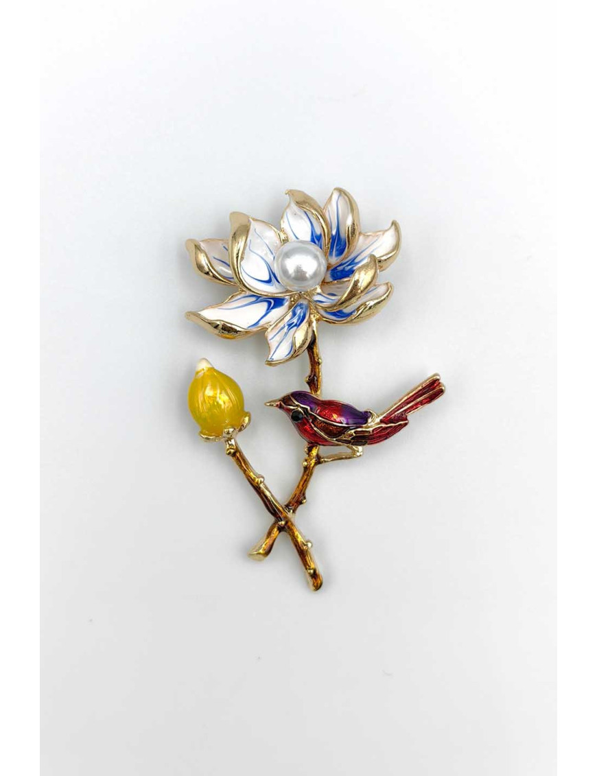 İnci Lotus Çiçeği ve Kuş Broş | Mine İşlemeli Asil Takı| [Craft and Boutique]