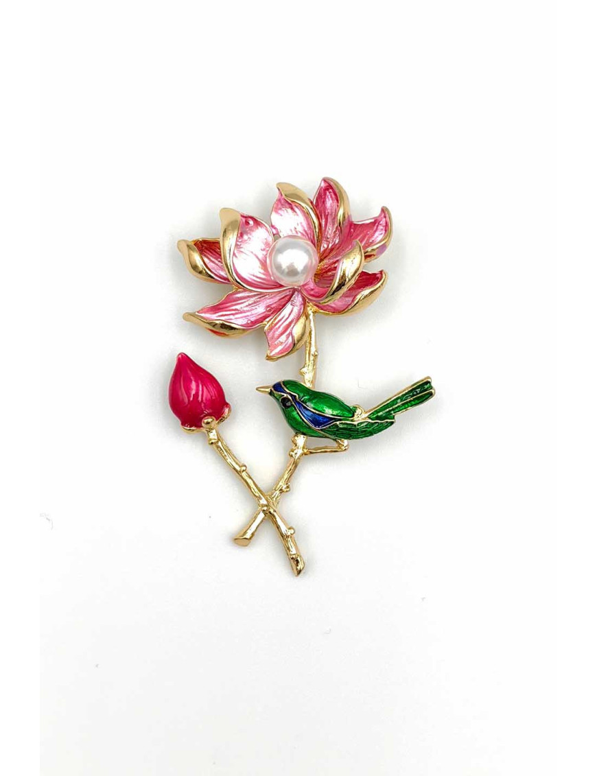 Pembe Lotus Çiçeği ve Kuş Broş | İnci Detaylı Mine Takı| [Craft and Boutique]