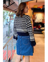 Çizgili Lacivert & Krem Renkli Crop Hırka