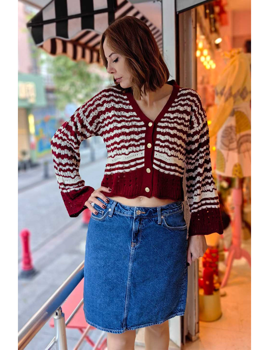 Çizgili Bordo & Krem Renkli Crop Hırka