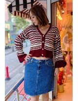 Çizgili Bordo & Krem Renkli Crop Hırka