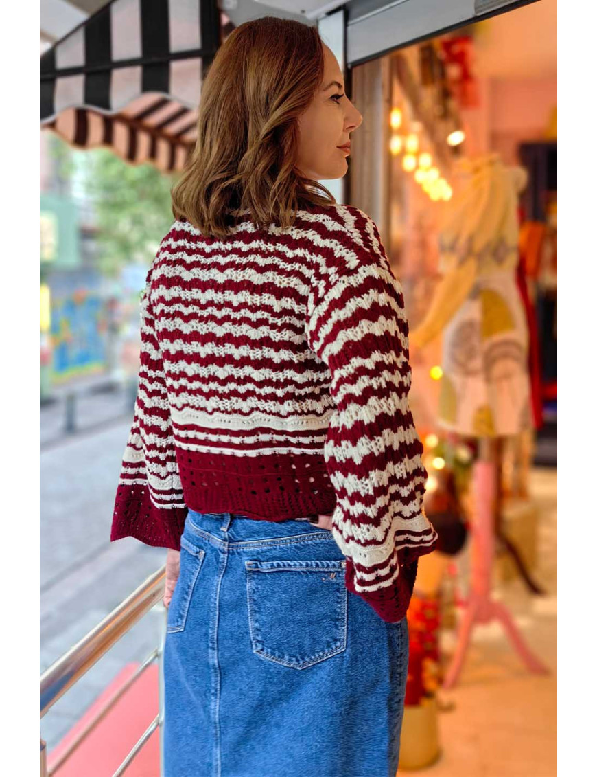 Çizgili Bordo & Krem Renkli Crop Hırka