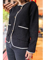 Peluş Kadın Hırka – Altın Düğmeli Beyaz Biyeli Şık Ceket